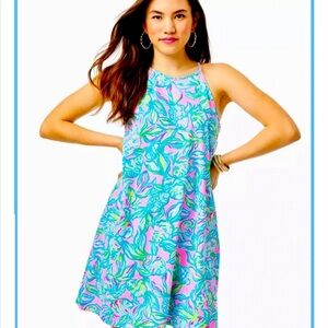 Lilly Pulitzer Blue and Pink Halter Midi Dress
